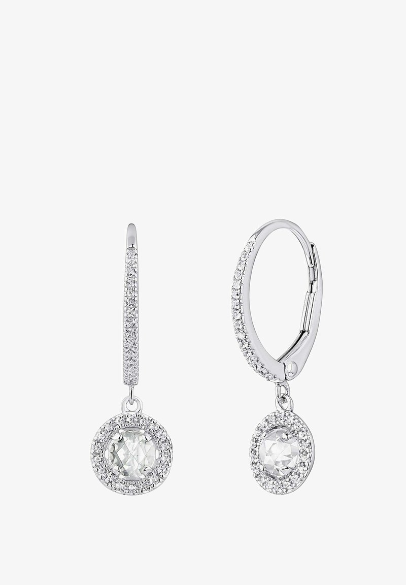 Pendientes de aro de plata con un piedra redonda clara colgante, rodeada por un halo de pequeños cristales, con un acabado pulido.
