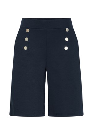 Marineblaue knielange Shorts mit hohem Bund und zwei vertikalen Reihen mit jeweils drei silbernen Knöpfen auf den Vorderseiten.