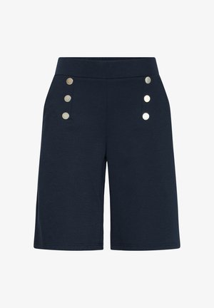 Marineblaue knielange Shorts mit hohem Bund und zwei vertikalen Reihen mit jeweils drei silbernen Knöpfen auf den Vorderseiten.