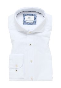 Witte slim-fit overhemden gemaakt van soepel materiaal. Heeft een klassieke kraag en knoopmanchetten met beige knopen. Blauwe patroon aan de binnenkant van de kraag.