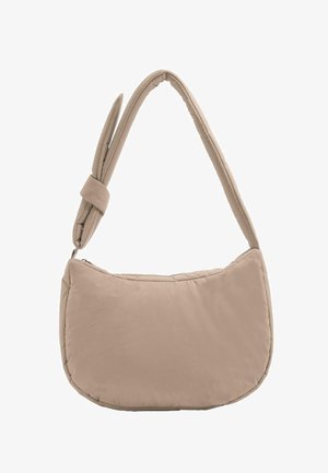 Geantă bej matlasată cu bretea reglabilă cu noduri și fund rotunjit, concepută pentru utilizare casual.