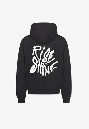Czarna bluza z kapturem z dużą białą grafiką z napisem "RISE AND SHINE" na plecach. Posiada kaptur ze sznurkiem oraz ściągacze przy mankietach.