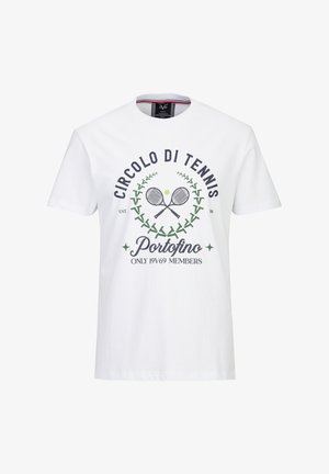 Wit T-shirt met korte mouwen met de tekst "Circolo di Tennis Portofino", gekruiste tennisrackets en een groen lauwerkransontwerp aan de voorkant.