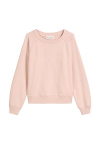 Vaaleanpunainen crewneck-huppari pitkillä hihoilla ja edessä on "Marc O’Polo" brodeerattu vastaavalla vaaleanpunaisella langalla.