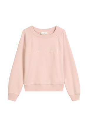 Lys rosa genser med rund hals og lange ermer, med "Marc O’Polo" brodert på forsiden i matchende rosa tråd.