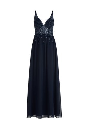 Robe de soirée longue navy avec un décolleté en V profond, un corsage orné de perles délicates et une jupe fluide en voile.
