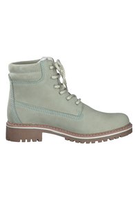 Botte de cheville en cuir vert clair avec un bout rond, un design à lacets, des coutures contrastées et une semelle en caoutchouc texturée.