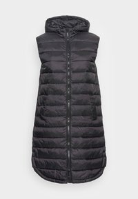 Czarna pikowana kamizelka z kapturem, zapinana na pełny zamek, z pikowanym wzorem i bocznymi kieszeniami. Lekka i bezrękawnikowa.