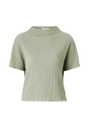 Jasnozielony, teksturowany top z krótkim rękawem, z wysokim, okrągłym dekoltem i prostym dołem.
