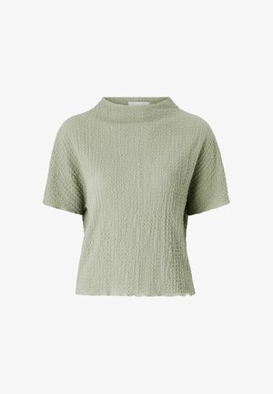 Lichtgroen, gestructureerd topje met korte mouwen, hoge ronde halslijn en rechte zoom.