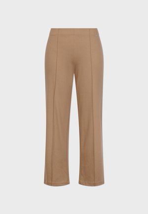 Bruine cropped pantalons gemaakt van zachte stof, met een gladde textuur, rechte snit en subtiele stiksels langs de naden.