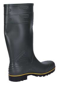 Rubber knee-high boot in dark gray with textured accents and yellow detailing on the sole. Features a curved, rugged sole for traction.