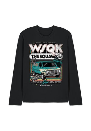 Black long-sleeve shirt with retro design featuring a teal van, boombox, headphones, cassette tape, and text "WSQK The Squawk 74.5 FM Hawkins New Hitmaker."