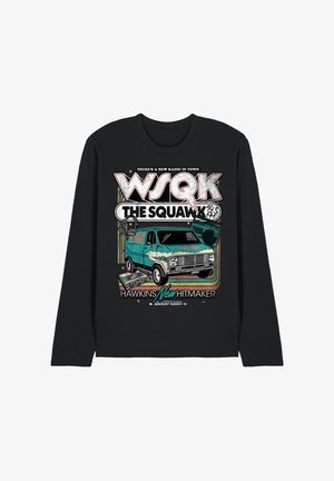 Black long-sleeve shirt with retro design featuring a teal van, boombox, headphones, cassette tape, and text "WSQK The Squawk 74.5 FM Hawkins New Hitmaker."