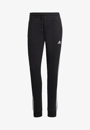 Pantalones de chándal negros con cintura elástica y cordón. Presentan rayas laterales blancas y puños acanalados. Hechos de una suave tela texturada.