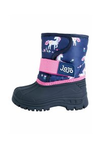 Marine waterdichte laars met roze band en eenhoornpatronen; rubberen zool, verstevigde neus en gestructureerd bovenwerk voor grip en duurzaamheid.