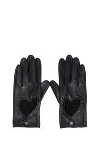 Guantes de cuero negro con un recorte en forma de corazón, adornados con pequeños remaches a lo largo de los bordes y con un acabado ligeramente texturizado.