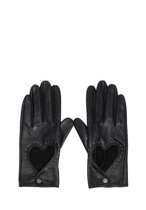 Guantes de cuero negro con un recorte en forma de corazón, adornados con pequeños remaches a lo largo de los bordes y con un acabado ligeramente texturizado.