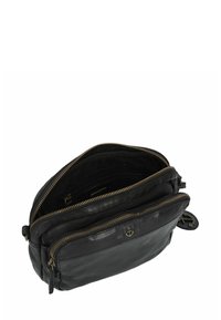 Borsa a tracolla nera in pelle con doppi scomparti con zip, hardware in tonalità oro e emblema dell'ancora. Superficie texturizzata, forma arrotondata.