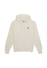 Sudadera de color crema claro hecha de suave algodón. Presenta un bolsillo canguro, capucha ajustable con cordones y un pequeño logo bordado en el pecho.