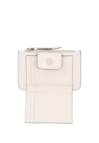 Light pink leather wallet with a textured surface, featuring a zip closure, front flap, and multiple card slots for organization.