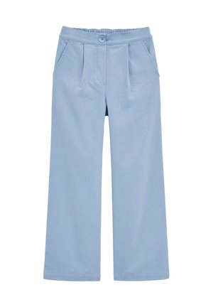 Hellblaue weit geschnittene Hose mit Knopfverschluss und Falten, ausgestattet mit seitlichen Taschen und einer lockeren Passform. Ideal für legere Anlässe.