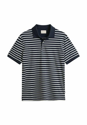 Marineblauw-witte polo met korte mouwen, horizontale strepen, een effen marineblauwe kraag en een knoopsluiting met twee knopen.