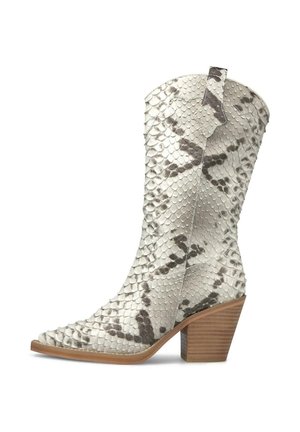 Stivale da cowboy a metà polpaccio con punta appuntita, motivo in pelle di serpente beige e grigia, e tacco a blocco in legno impilato.