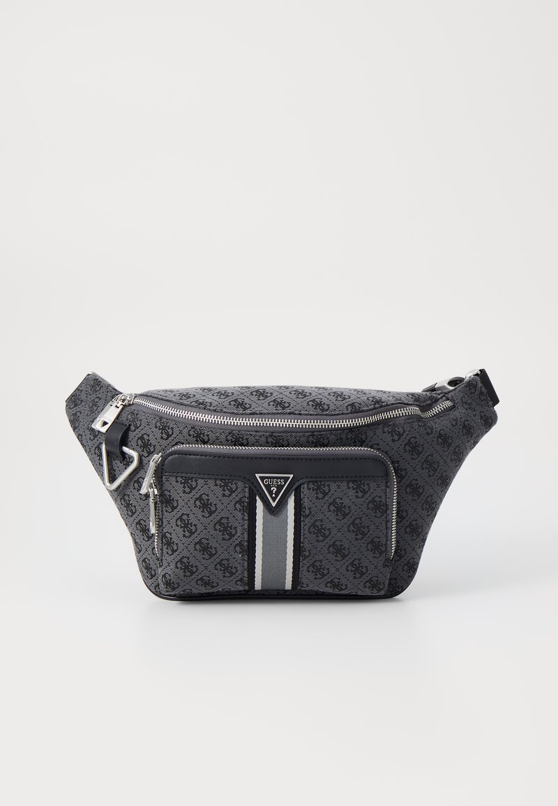 Dark gray fabric waist bag with a patterned exterior, zippered main compartment, front pocket, and silver hardware accents.