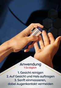 Hands applying cream to fingertip, with instructions in German for daily facial and neck skincare, avoiding eye contact.