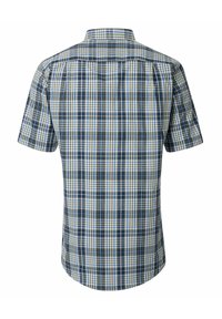 Kurzärmliges Hemd mit Knöpfen, das ein blaues, grünes und weißes Karomuster aufweist. Hergestellt aus leichtem Stoff und mit einem Standardkragen.
