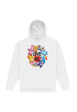 Weißer Hoodie mit einem farbenfrohen Grafikmotiv von Cartoonbären und dem Text "LOVE ALL" in fetten schwarzen Buchstaben, mit einem Regenbogenakzent.