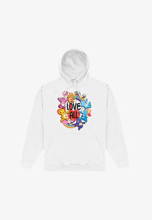 White hoodie featuring a colorful graphic of cartoon bears and the text "LOVE ALL" in bold black letters, with a rainbow accent.