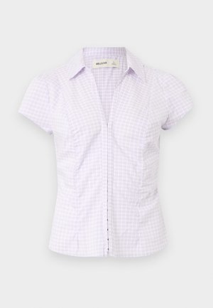 Lilac checked short-sleeve blouse with a structured collar, front button closure, and gathered side details for a fitted shape.