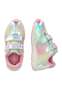 Lightweight sneakers with a mesh upper in iridescent hues of pink and blue, featuring silver straps and a padded pink interior.