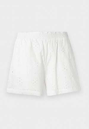 Fehér, rugalmas derékpántos rövidnadrág virágos lyukacsos hímzéssel és enyhén texturált anyagból.