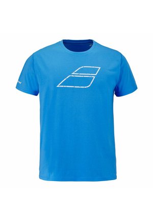 Felblauw T-shirt met korte mouwen, voorzien van een wit geometrisch logo op de borst en kleine witte tekst op de linkermouw.