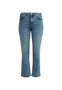 Lichtblauwe denim jeans met een hoge taille, rechte pijpen en onafgewerkte zoom. Kenmerkt een vijf-pocket ontwerp en metalen knoopsluiting. Fijne textuur.