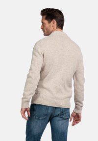 Lichtbeige gebreide trui met een gestructureerde afwerking, voorzien van een geribde zoom en manchetten, gedragen met donkere denim jeans. Achteraanzicht weergegeven.