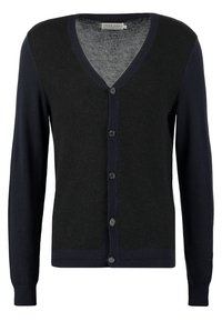 V-ringad cardigan i mörk marinblå med långa ärmar, fem knappstängning, ribbade ärmslut och kontrasterande textur över kroppen och ärmarna.