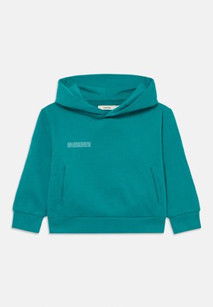 Tyrkysová mikina s kapucňou, ktorá má klokaní vrecko a rebrované manžety. Na prednej strane sa nachádza malý potlačený text. Vyrobená z mäkkej bavlnenej látky.