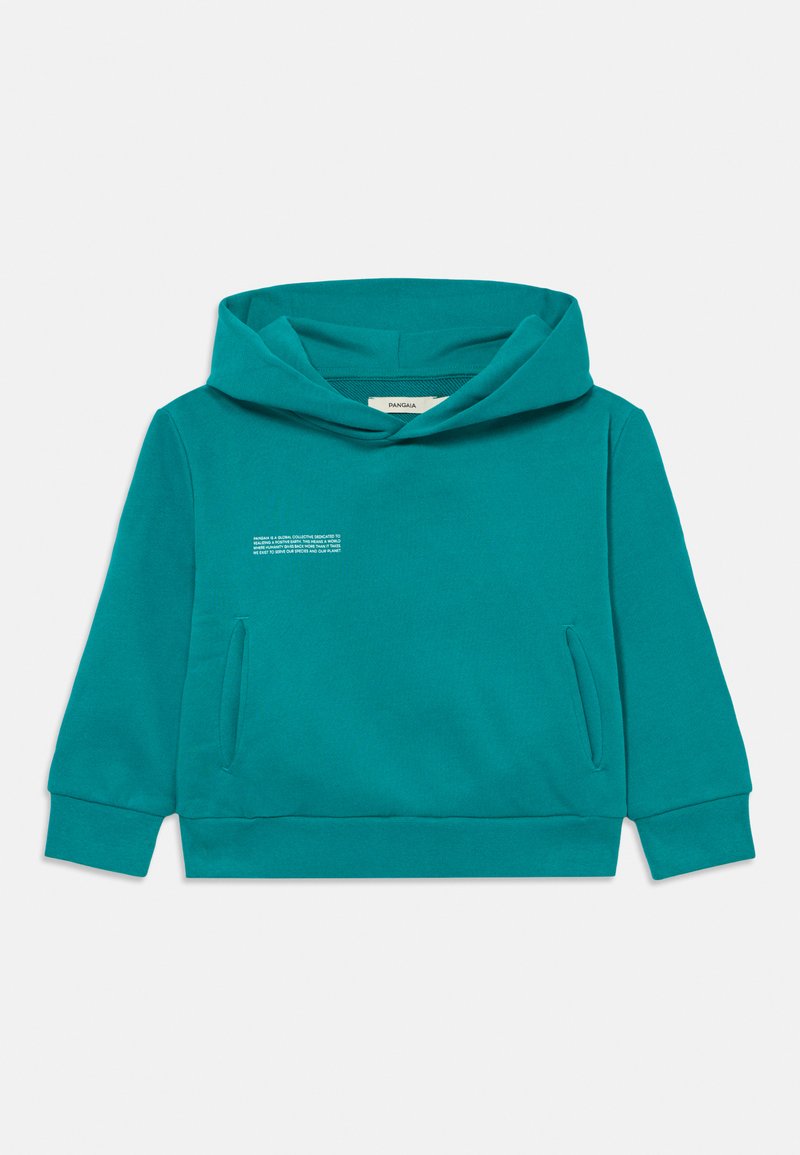 Teal huvtröja med kängurufickor och ribbade muddar. Framsidan har en liten tryckt textdetalj. Tillverkad av mjukt bomullsmaterial.