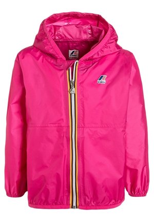 Rosa Windbreaker-Jacke mit Kapuze, ausgestattet mit einem Frontreißverschluss und Akzenten in Schwarz, Weiß und Gelb sowie elastischen Bündchen.