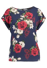 Blusa blu navy realizzata in tessuto leggero, caratterizzata da una stampa floreale con rose rosse e fiori bianchi, maniche corte e scollatura rotonda.