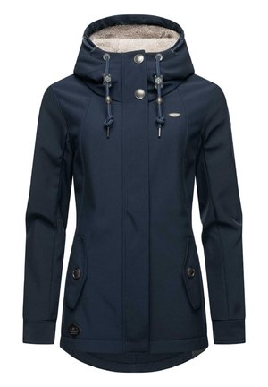 Veste à capuche bleu marine avec un intérieur doux et texturé. Dotée de boutons en métal, d'une capuche avec cordon de serrage et de deux poches avant avec rabats.