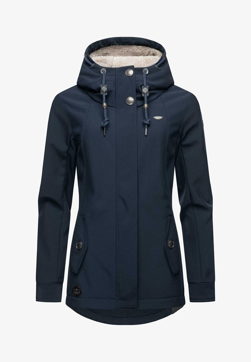 Tumši zila kapuce ar mīkstu, teksturētu iekšpusi. Ietekmē metāla pogas, regulējama kapuce un divas priekšējās kabatas ar atloku.