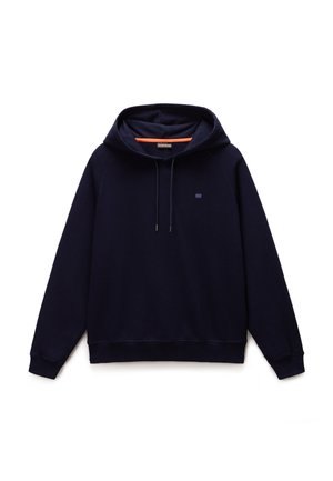 Μπλε ναυτικό πουλόβερ με κουκούλα, κορδόνια, ριμπ μανσέτες και τελείωμα, και ένα μικρό λογότυπο στο αριστερό μέρος του στήθους.