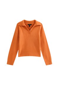 Maglione arancione lavorato a maglia con scollatura a V profonda e colletto ampio. Presenta maniche lunghe e orlo a coste. Tessuto morbido, vestibilità moderna e ampia.