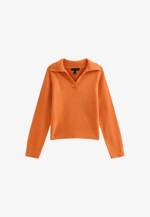 Pull en tricot orange avec un décolleté en V profond et un large col. Il possède des manches longues et un ourlet en côtes. Texture douce, coupe boxy moderne.