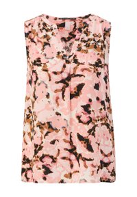 Ärmellose Bluse in einem abstrakten Muster aus Rosa, Braun und Schwarz. V-Ausschnitt-Design mit lockerer Passform und glatter Stofftextur.